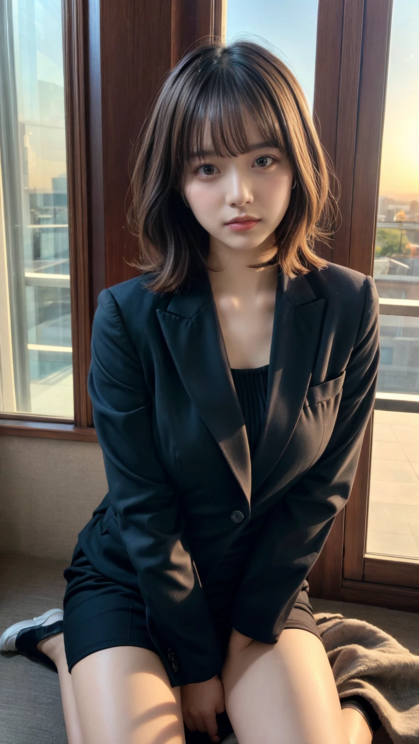 masterpiece, best quality, illustration, Super detailed, fine details, High resolution, 8K,wall paper, perfect dynamic composition,(Details High quality, realistic depiction of eyes:1.3), short hair, (wavy hair:1.2), Office Lady, ,Suit,Collared shirt, Black Suit,Black jacket, huge breasts, expresses the roundness and softness of your chest, black hair color, Big Natural Color Lip, bold sexy pose, crying a little、cold gaze, Harajuku style、20 year old girl、cute type、ta、beautiful legs, hotel room, full body photo、focus on crotch, hposing Gravure Idol, Sexy shot looking at camera, Sunset, by the window, Summer, make up, Curve