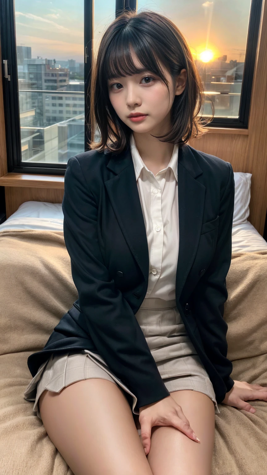 masterpiece, best quality, illustration, Super detailed, fine details, High resolution, 8K,wall paper, perfect dynamic composition,(Details High quality, realistic depiction of eyes:1.3), short hair, (wavy hair:1.2), Office Lady, ,Suit,Collared shirt, Black Suit,Black jacket, huge breasts, expresses the roundness and softness of your chest, black hair color, Big Natural Color Lip, bold sexy pose, crying a little、cold gaze, Harajuku style、20 year old girl、cute type、lolita、beautiful legs, hotel room, full body photo、focus on crotch, hposing Gravure Idol, Sexy shot looking at camera, Sunset, by the window, Summer, make up, Curve