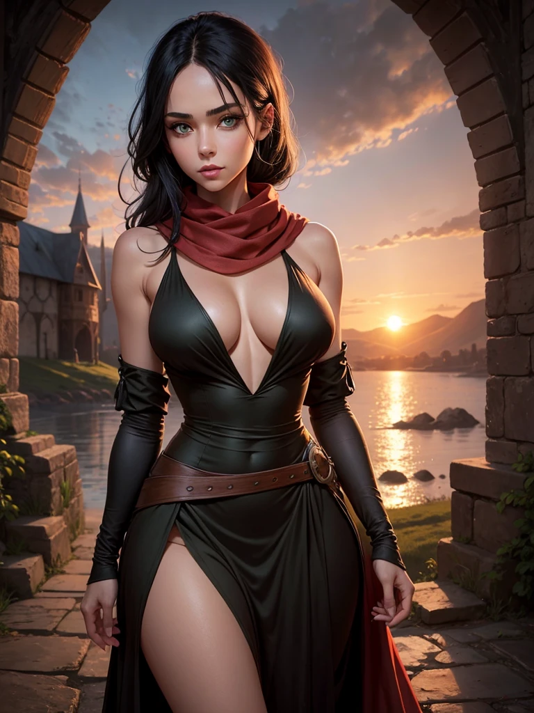 medieval setting, full view of body, 1 skinny female with large breast, beatiful smokey green eyes, black hair, dut, shoulder free beautiful dress, red scarf around her neck, eerie sunset