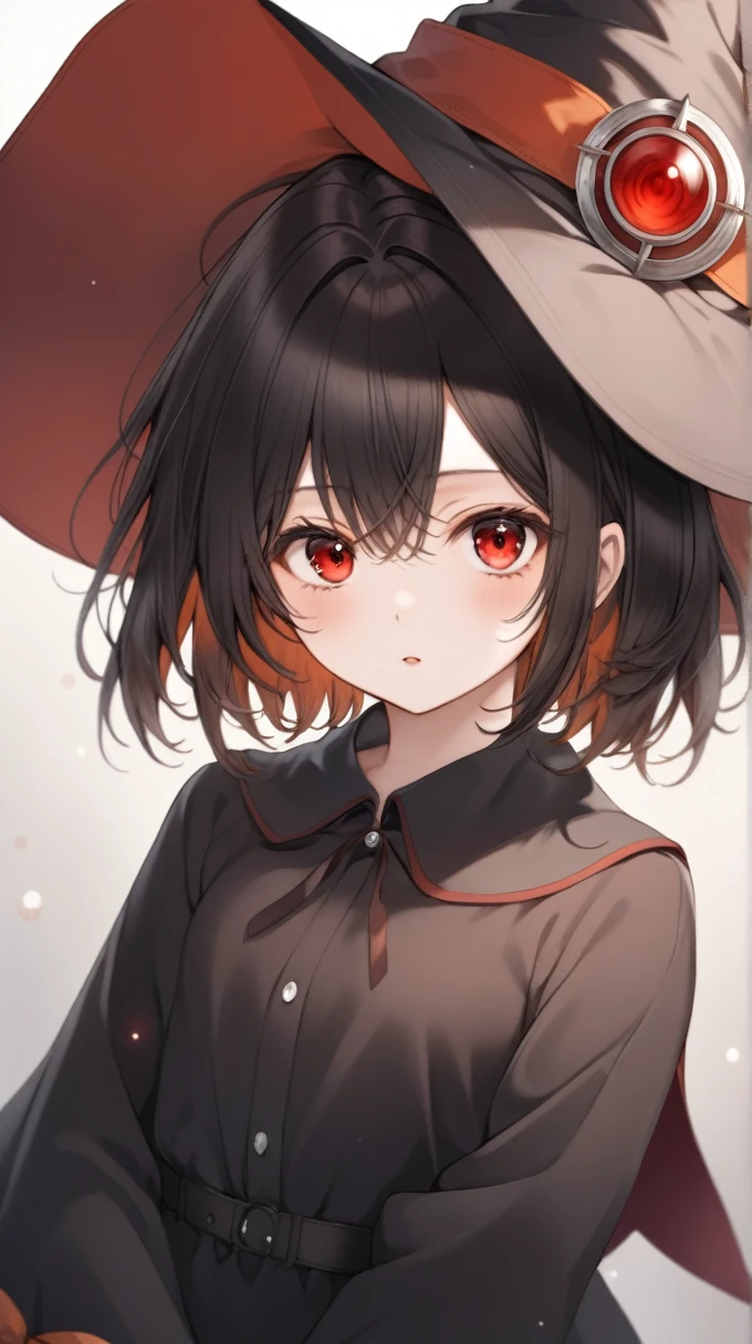 A 16 year old girl, with a red eyes, blackquality hair, with witch hat