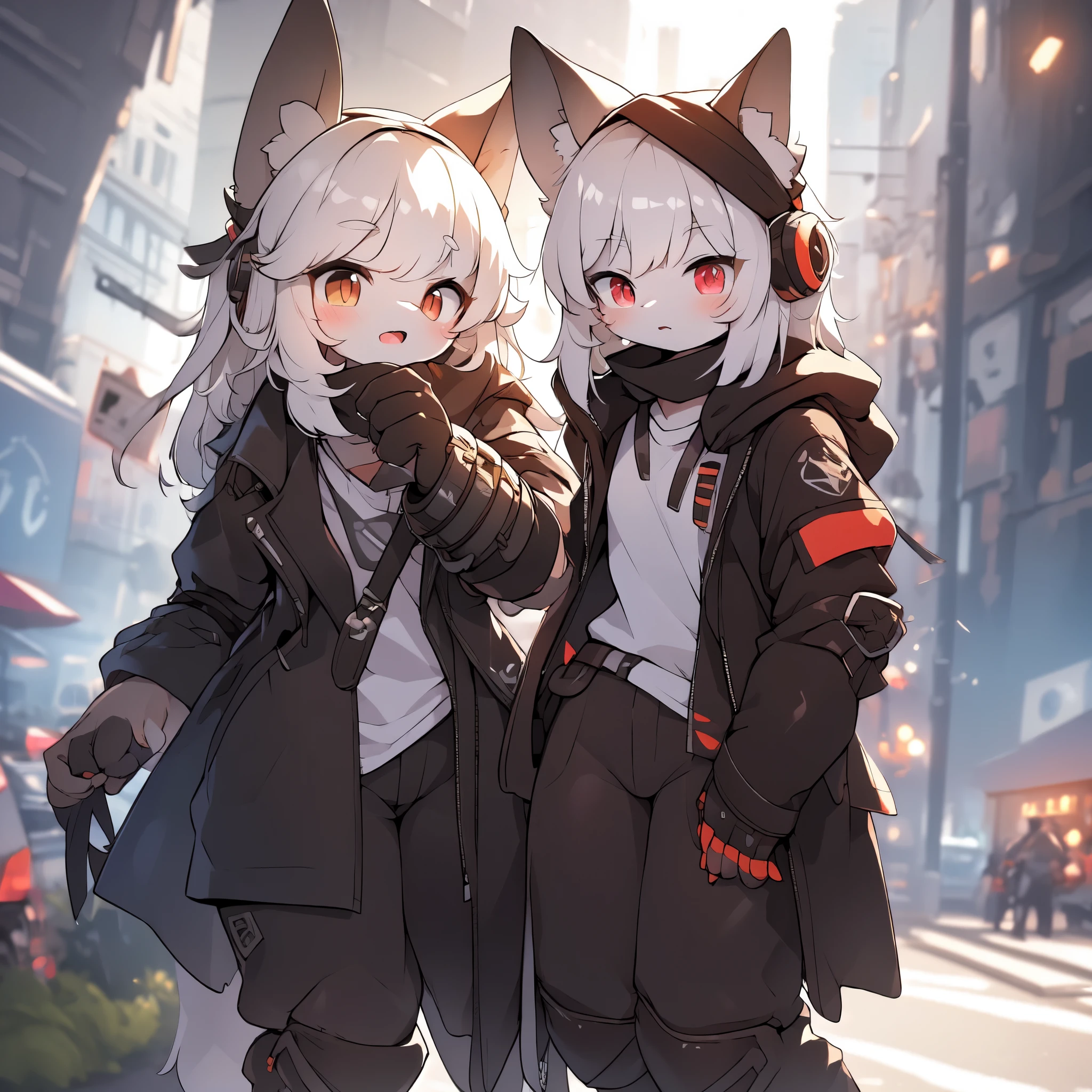 Kawaii, Striped Fluffy Fox, emaciated, long hair, 3girls, flawless skin, life support prosthetics, digital headphones, white long t-shirt, brown pantyhose, loose off-the-shoulder hood open jacket, belted long boots, tactical knee pads, loose Arm Sleeves, cybernetic Display gloves, chest rigs, tactical belts, ray tracing, depth of field, bloom, masterpiece, accurate, extreme detail description, volumetric lighting, rim lighting, chiaroscuro lighting, beautiful detailed face, physically-based rendering, HDR, UHD, anatomically correct, vivid colors, halbard