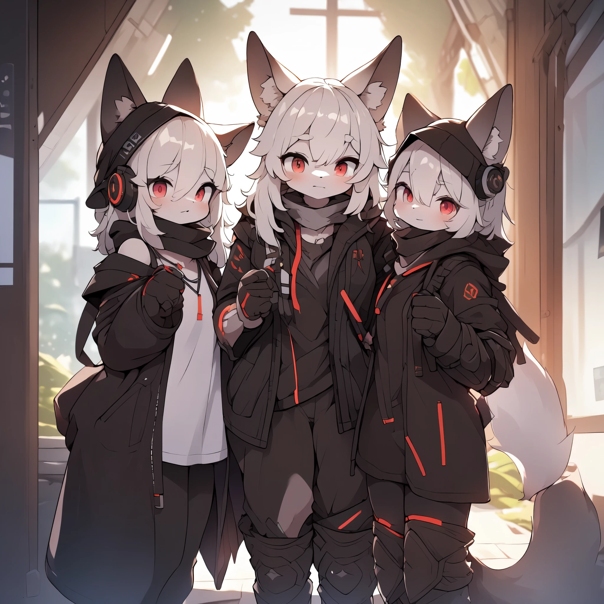 Kawaii, Striped Fluffy Fox, emaciated, long hair, 3girls, flawless skin, life support prosthetics, digital headphones, white long t-shirt, brown pantyhose, loose off-the-shoulder hood open jacket, belted long boots, tactical knee pads, loose Arm Sleeves, cybernetic Display gloves, chest rigs, tactical belts, ray tracing, depth of field, bloom, masterpiece, accurate, extreme detail description, volumetric lighting, rim lighting, chiaroscuro lighting, beautiful detailed face, physically-based rendering, HDR, UHD, anatomically correct, vivid colors, halbard