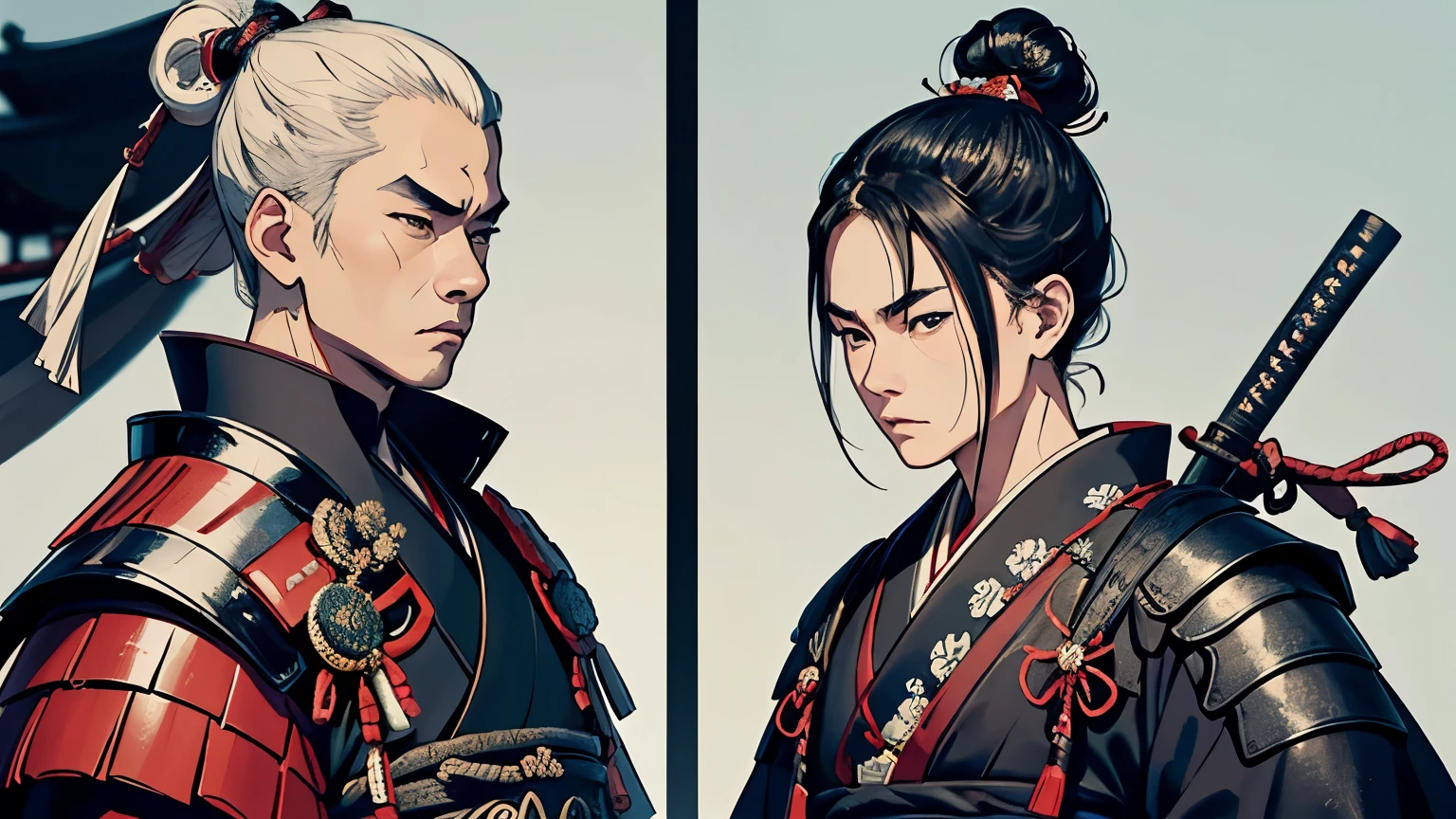 Two Samurai、The whole body is shown、Wearing intricately designed traditional samurai armor、Famous people in Japanese history、They tied their topknots、He has a stern look.、Has an intimidating presence。The background is a traditional Japanese castle