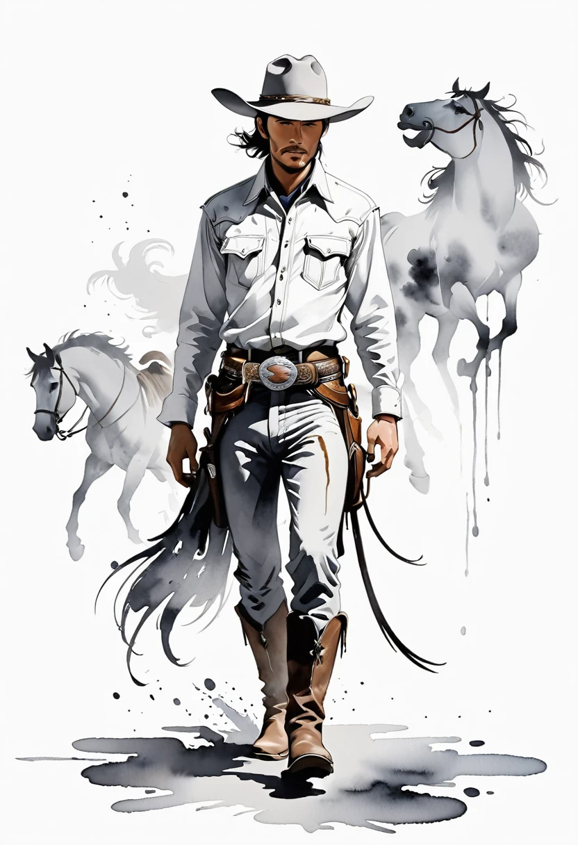 中国Ink Painting, Gray and White, at the lowest limit,White background,Footprinting, Minimalism, Huge negative space, Ink Painting, Abstract，A western cowboy，
