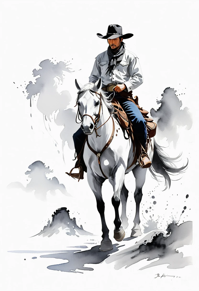 中国Ink Painting, Gray and White, at the lowest limit,White background,Footprinting, Minimalism, Huge negative space, Ink Painting, Abstract，A western cowboy，