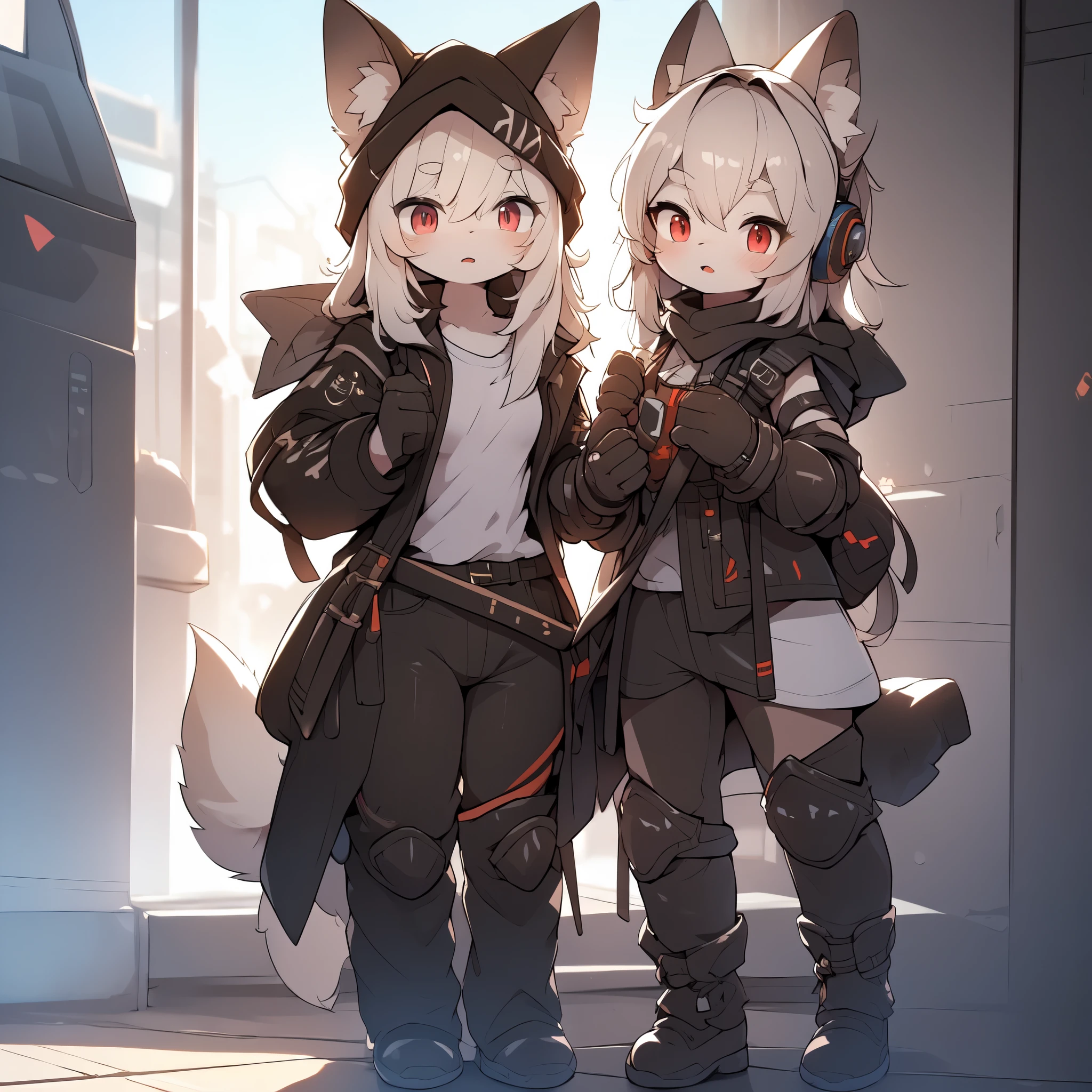 Kawaii, Striped Fluffy Fox, emaciated, long hair, 3girls, flawless skin, life support prosthetics, digital headphones, white long t-shirt, brown pantyhose, loose off-the-shoulder hood open jacket, belted long boots, tactical knee pads, loose Arm Sleeves, cybernetic Display gloves, chest rigs, tactical belts, ray tracing, depth of field, bloom, masterpiece, accurate, extreme detail description, volumetric lighting, rim lighting, chiaroscuro lighting, beautiful detailed face, physically-based rendering, HDR, UHD, anatomically correct, vivid colors, halbard