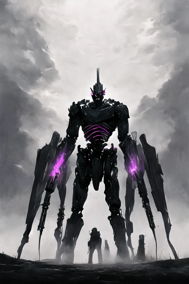 (((Highest quality)))(((Best Image)))外見は黒いfog,Wear shiny armor,Modern Battle Suit(((Appearance)))The shape is humanoid,Modern weapons(((Features)))Eyes glowing red,The shape is made of purple glowing matter..(((male)))The skeleton is human-like、Muscle fibers are visible,fogのようなもので構築している(((background)))Barren Land,dead tree,fog,Chaotic world(((Standing posture)))Battle Scenes,overwhelmingly strong,Highest quality。