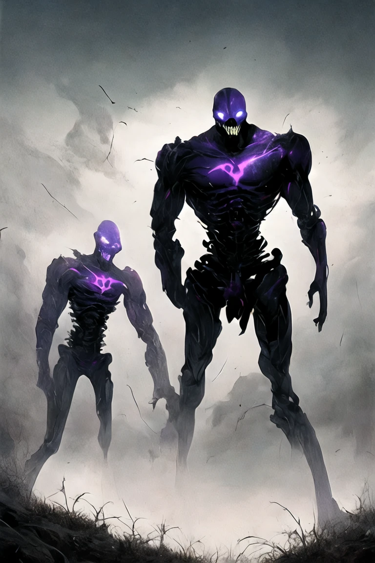 (((Highest quality)))(((Best Image)))外見は黒いfog,Wear shiny armor,Modern Battle Suit(((Appearance)))The shape is humanoid,Modern weapons(((Features)))Eyes glowing red,The shape is made of purple glowing matter..(((male)))The skeleton is human-like、Muscle fibers are visible,fogのようなもので構築している(((background)))Barren Land,dead tree,fog,Chaotic world(((Standing posture)))Battle Scenes,overwhelmingly strong,Highest quality。