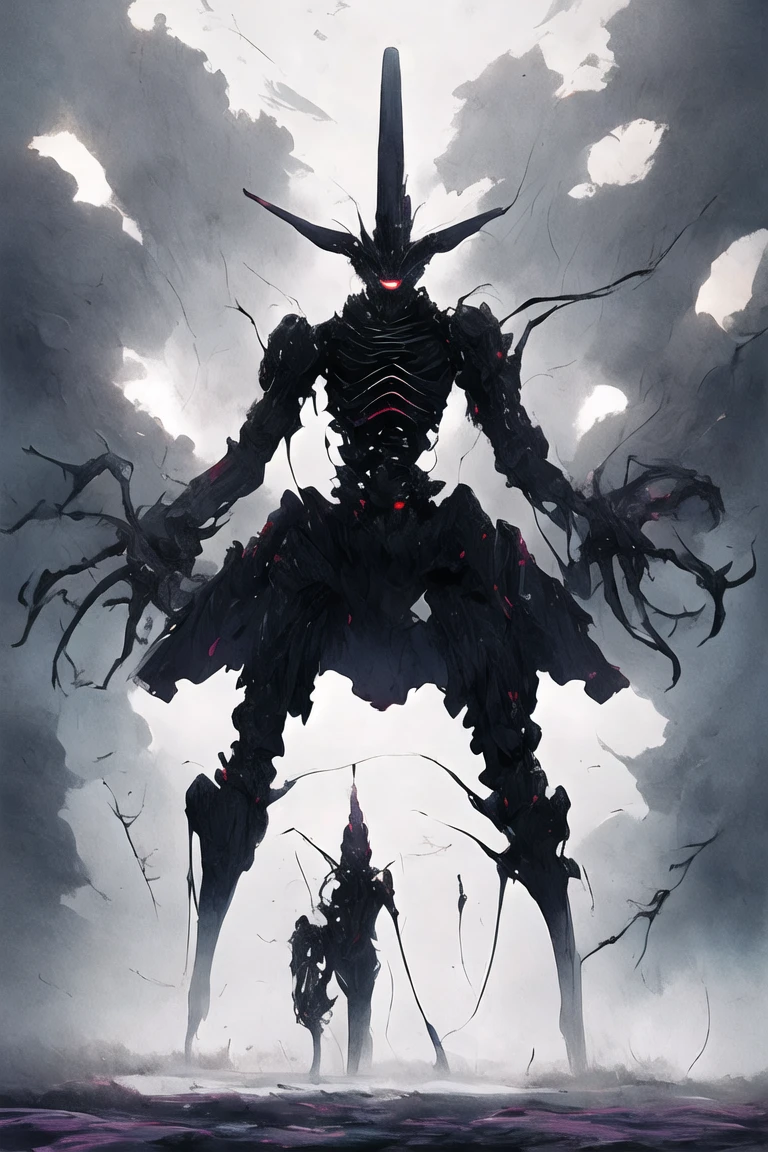 (((Highest quality)))(((Best Image)))外見は黒いfog,Wear shiny armor,Modern Battle Suit(((Appearance)))The shape is humanoid,Modern weapons(((Features)))Eyes glowing red,The shape is made of purple glowing matter..(((male)))The skeleton is human-like、Muscle fibers are visible,fogのようなもので構築している(((background)))Barren Land,dead tree,fog,Chaotic world(((Standing posture)))Battle Scenes,overwhelmingly strong,Highest quality。