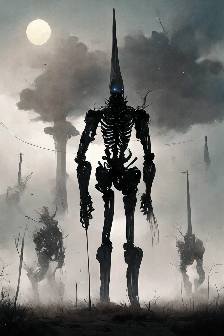 (((Highest quality)))(((Best Image)))外見は黒いfog,Wear shiny armor,Modern Battle Suit(((Appearance)))The shape is humanoid,Modern weapons(((Features)))Eyes glowing red,The shape is made of purple glowing matter..(((male)))The skeleton is human-like、Muscle fibers are visible,fogのようなもので構築している(((background)))Barren Land,dead tree,fog,Chaotic world(((Standing posture)))Battle Scenes,overwhelmingly strong,Highest quality。