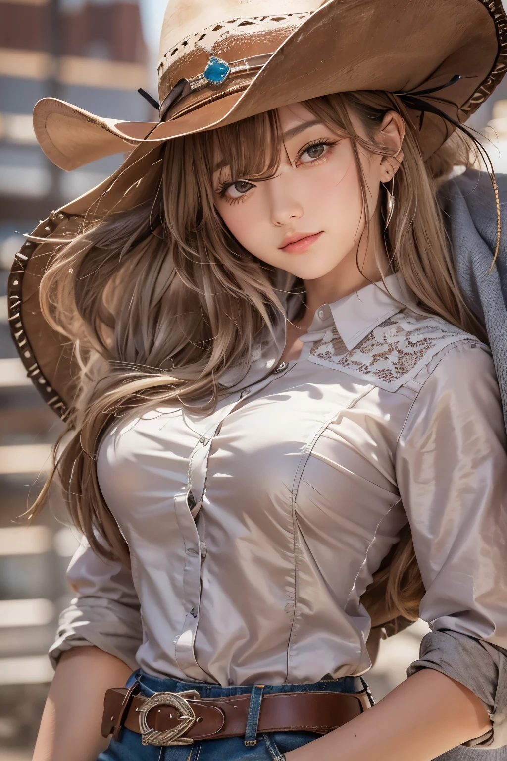 digital portrait, realistic depiction of the human body, RAW photo, one weasten cow girl, Security Officer, gentle gray eyes, plump lips, An ennui look, huge firm bouncing busts, Long brown hair, horse riding, (((Cowboy hat, 着古した茶色の革のSecurity Officerのジャケット, Lace shirt, Jeans short pants, Leather cowboy boots))), highest quality, super resolution, master piece:1.5, medium depth of field, 50ｍｍlens, cinematic lighting, Backlight, professional photographer, , Monument Valley, vast ranch, Sunset, sunset, Herd of cows, Wagon, duel