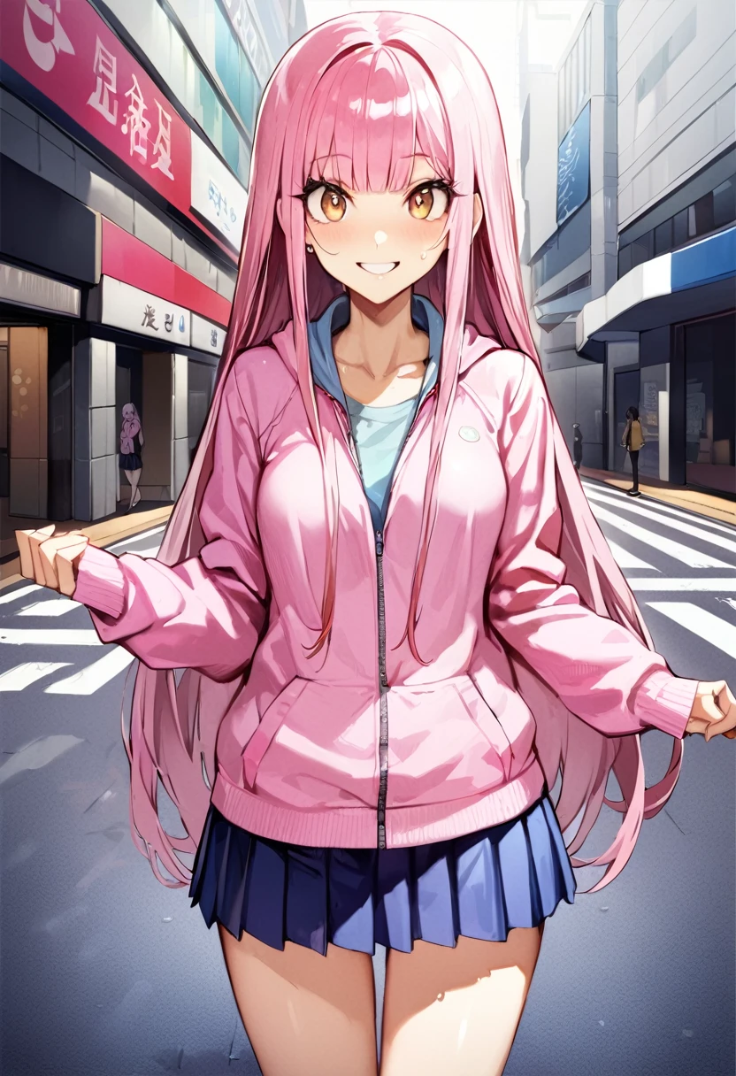 ((masterpiece,Highest quality:1.3,best quality illustration)),cowboy shot,独奏,1woman,(Mature Beauty),pink hair,straight long hair,bangs,brown eyes,(gorgeous big eyes),((very small head)),fun,smile,((very long body,skinny)),medium breasts,((Pink baseball jacket、Navy blue pleated mini skirt)),gleaming skin,oily skin,slender body,sweat,standing,on street,Shibuya Station、