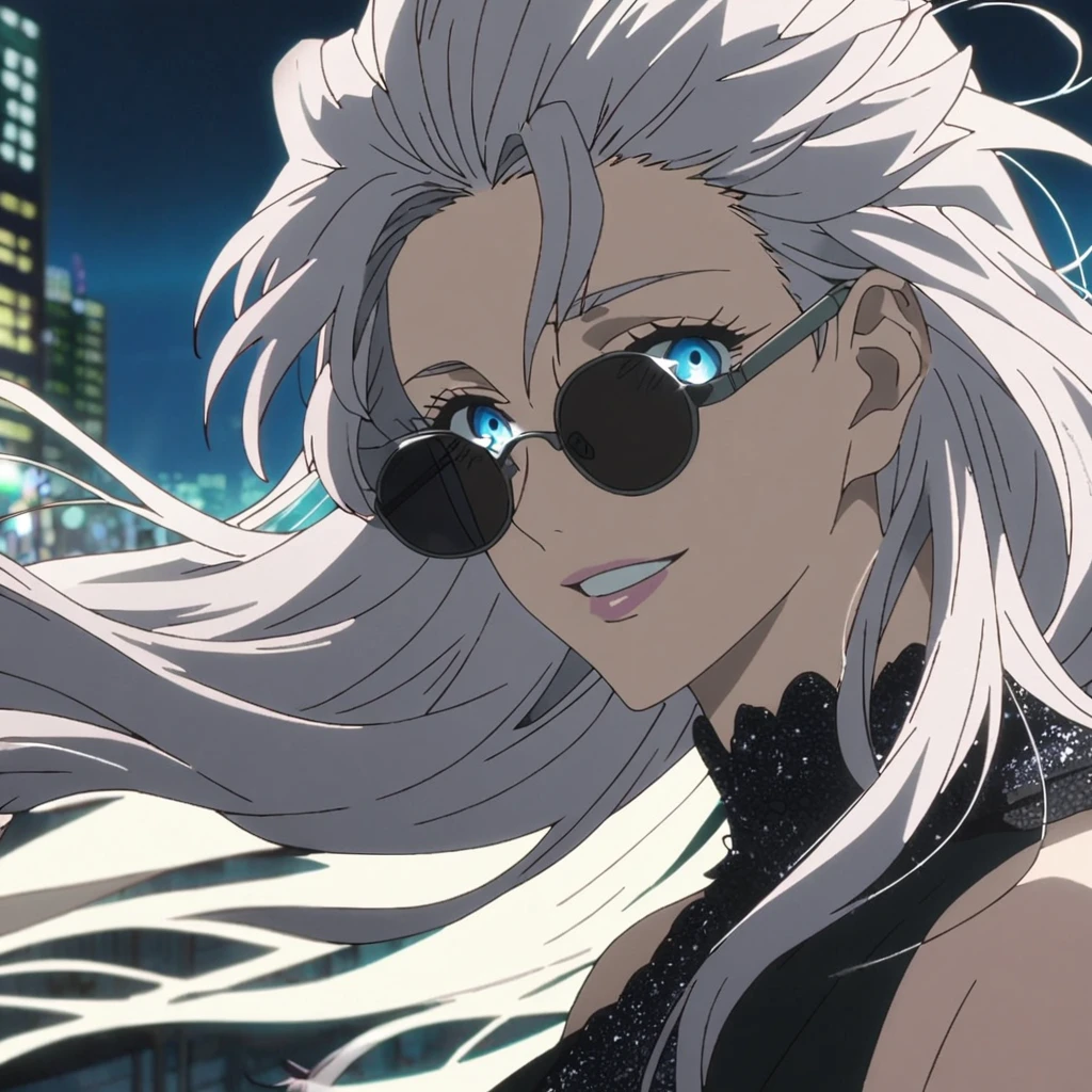 1girl, female gojo satoru, anime screencap from jujutsu kaisen, gojo satoru female version, solo, long_Silver hair, wavy hair, black round sunglasses, Blue Eyes, parted_lips, smiling, looking_at_viewer, perfect background, outdoors, side view, eyelashes, (elegant prom night outfit),  hair_between_eyes, floating hair, ((hair slicked from one side, hair floating)), City in background,night,The character in the image has striking long, flowing hair with a slight wave, One side is shaved, 