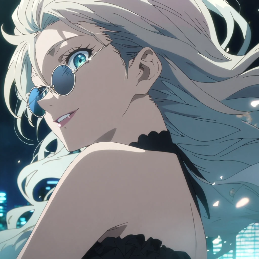 1girl, female gojo satoru, anime screencap from jujutsu kaisen, gojo satoru female version, solo, long_Silver hair, wavy hair, black round sunglasses, Blue Eyes, parted_lips, smiling, looking_at_viewer, perfect background, outdoors, side view, eyelashes, (elegant prom night outfit),  hair_between_eyes, floating hair, ((hair slicked from one side, hair floating)), City in background,night,The character in the image has striking long, flowing hair with a slight wave, One side is shaved, 