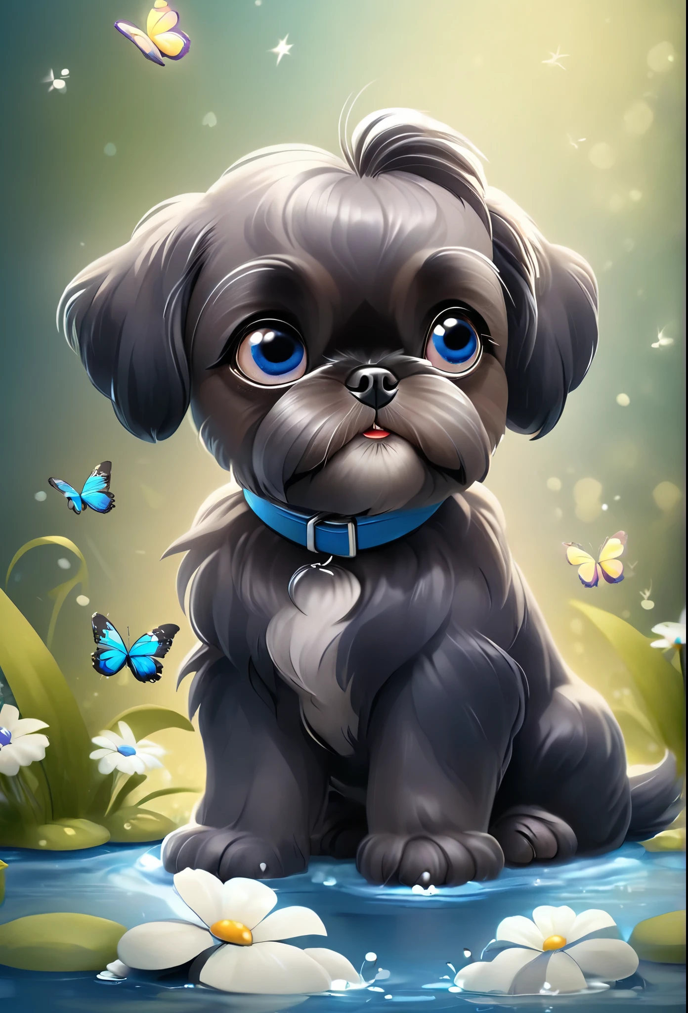2 adorable very small very black Shih Tzu puppies with big bright blue eyes wearing blue collars and sunglasses playing in creek butterflies and flowers in background 3D Pixar style
