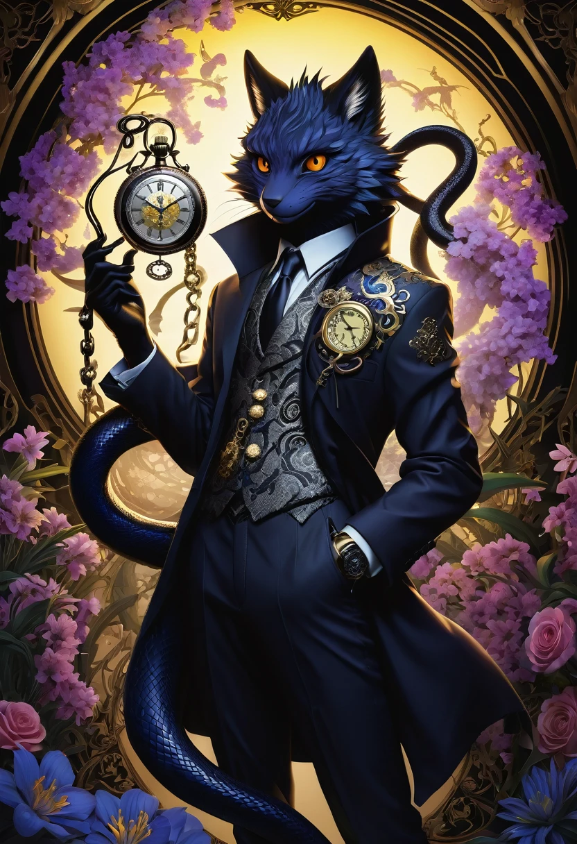 e621(best quality, high resolution, ultra-detailed)silhouett(kemono, furry anthro)holding striking pocket watch, surrounded by flowers, snakes and darkness, illustrative rendering, intricate details, mysterious atmosphere, vibrant colors, dynamic lighting , Gothic style,