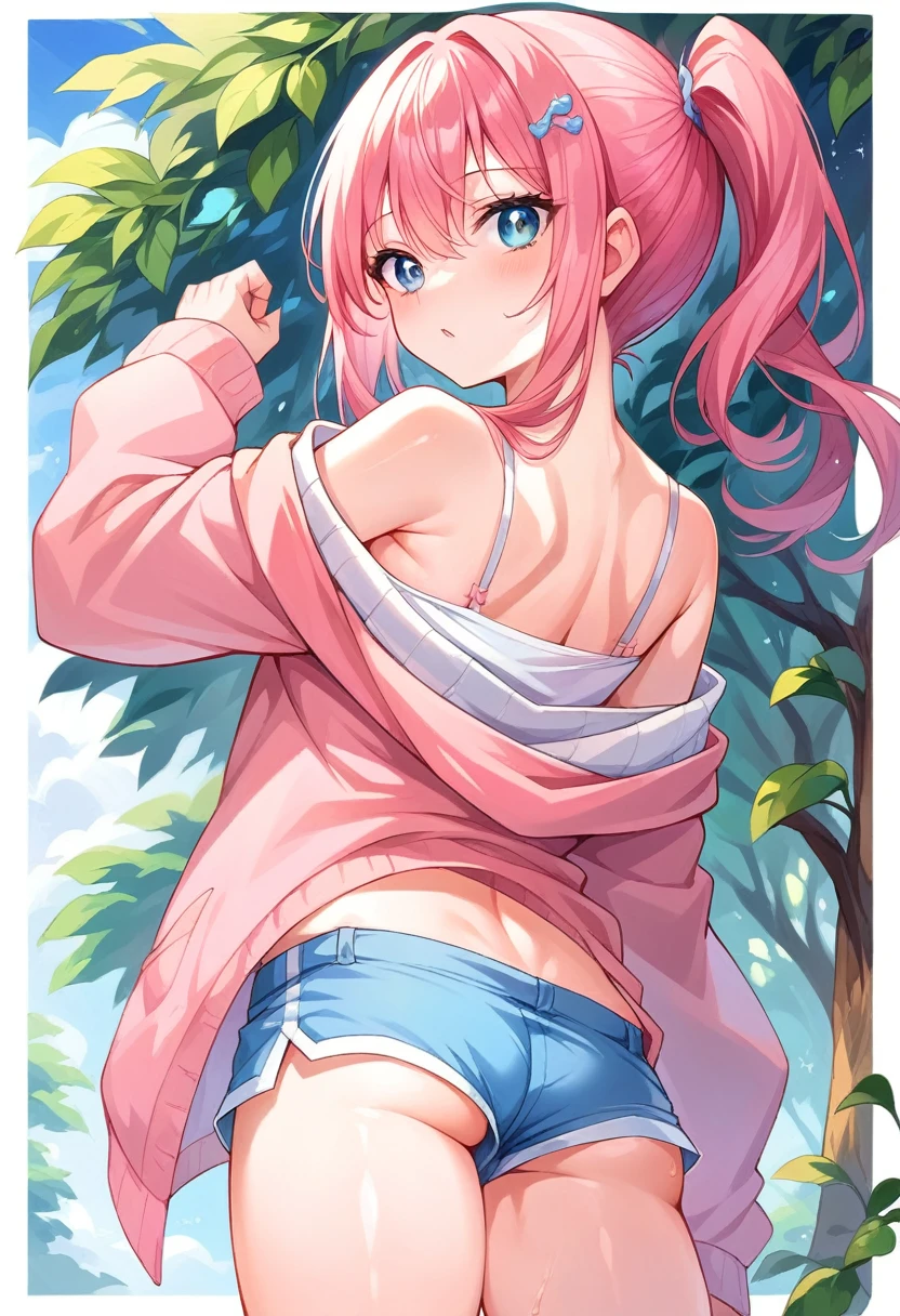 Tris was wearing a silky pink pajama set, that hugged her curves in all the right places. The spaghetti strap top showed off her ample cleavage., and the shorts were quite short, to reveal most of her smooth, slender hips. She stood, tilting one hip to the side, which gave you an even better view of her luxurious body. back view