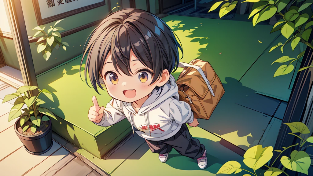 Chibi no Boy、(((Highest quality、Masterpiece、Official Art、The best dynamic composition)))、Anime Style、Very detailed、8K high resolution、Primary school students６The year-old boy is carrying a black school bag、Wearing a hoodie and long pants、In her hands she holds a potted plant with morning glories blooming.、Smiling happily、