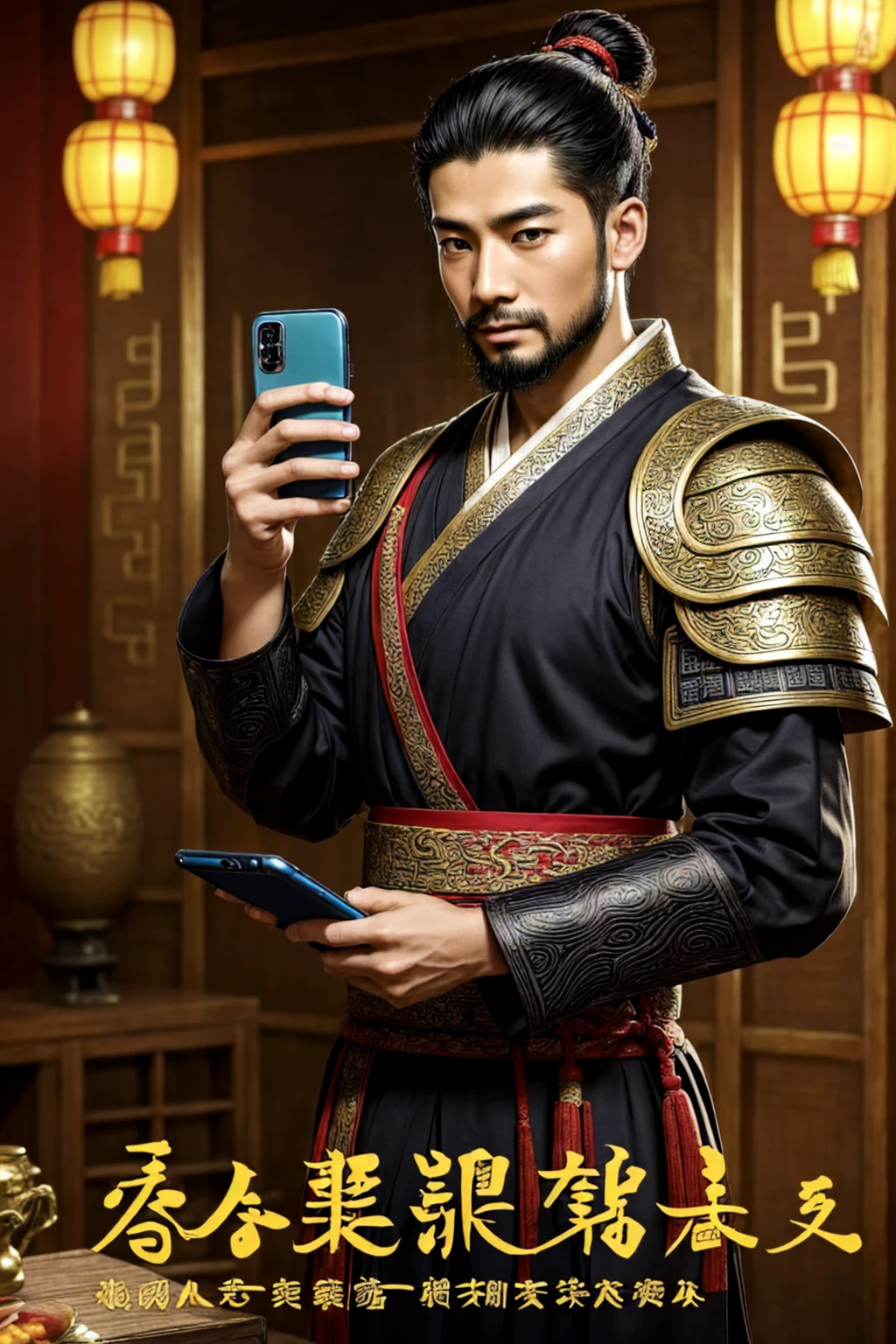 oriental-like、a adult man wearing ancient Chinese armor、The head wears an accessory called Yuanyou Guan (Yuanyouguan), Eastern Han dynasty hairstyle、 (((holding the phone and show the screen to the viewer))), three kingdoms、top-quality、masterpiece、超A high resolution、(Photorealsitic:1.4)、Game Posters、Black clothes、long beard, inspired by caocao, shuhan