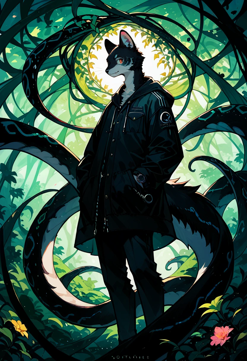 e621(best quality, high resolution, ultra-detailed)silhouett(kemono, furry anthro)holding striking pocket watch, surrounded by flowers, snakes and darkness, illustrative rendering, intricate details, mysterious atmosphere, vibrant colors, dynamic lighting , Gothic style,