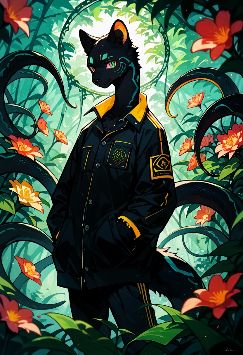 e621(best quality, high resolution, ultra-detailed)silhouett(kemono, furry anthro)holding striking pocket watch, surrounded by flowers, snakes and darkness, illustrative rendering, intricate details, mysterious atmosphere, vibrant colors, dynamic lighting , Gothic style,