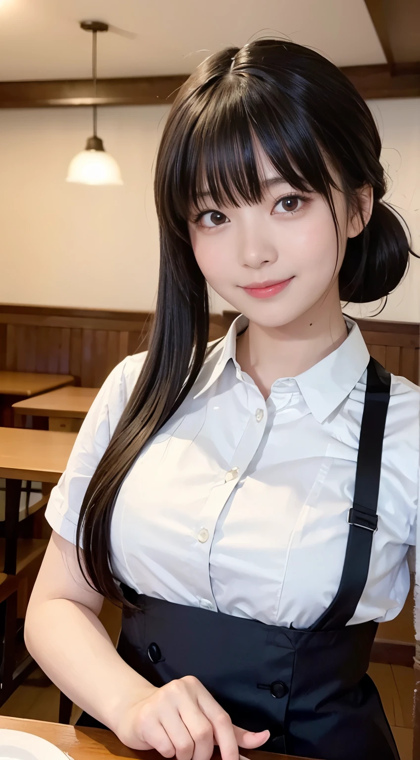 (Highest quality,masterpiece:1.3,Ultra-high resolution,),(Very detailed,Caustics),(Realistic:1.4,RAW shooting,)Ultra-Realistic Capture,Very detailed,High resolution 16K human skin closeup。 Natural skin texture、,pores、、、、It must be detailed enough to be easily identifiable。 Skin tone is even and healthy looking。 Use natural light and colour,restaurant,Waitress Uniform,1 girl,Japanese,18-year-old,cute,Black-haired,ponytail,Big Breasts,smile,Turn your body forward,(Front view:1.1),Looking into the camera,Cowboy Shot,