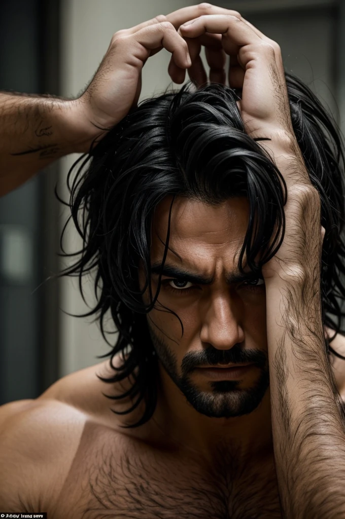 The character has a very intense and powerful appearance.. His hair is black and messy, falling on his forehead and around his face. The character's skin is marked with cracks, giving it a cracked appearance and possibly indicating some kind of power or special condition.