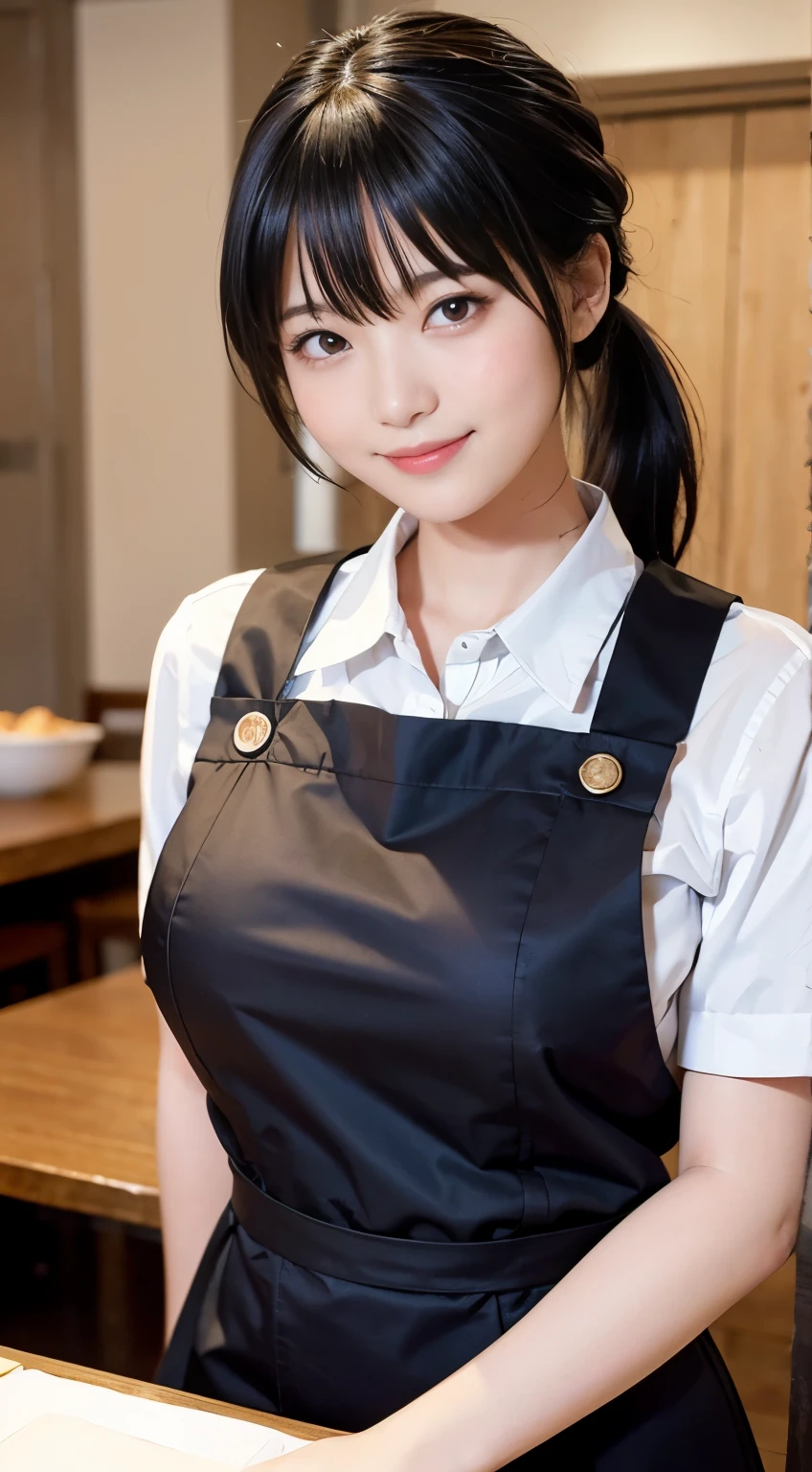 (Highest quality,masterpiece:1.3,Ultra-high resolution,),(Very detailed,Caustics),(Realistic:1.4,RAW shooting,)Ultra-Realistic Capture,Very detailed,High resolution 16K human skin closeup。 Natural skin texture、,pores、、、、It must be detailed enough to be easily identifiable。 Skin tone is even and healthy looking。 Use natural light and colour,restaurant,Waitress Uniform,1 girl,Japanese,18-year-old,cute,Black-haired,ponytail,Big Breasts,smile,Turn your body forward,(Front view:1.1),Looking into the camera,Cowboy Shot,