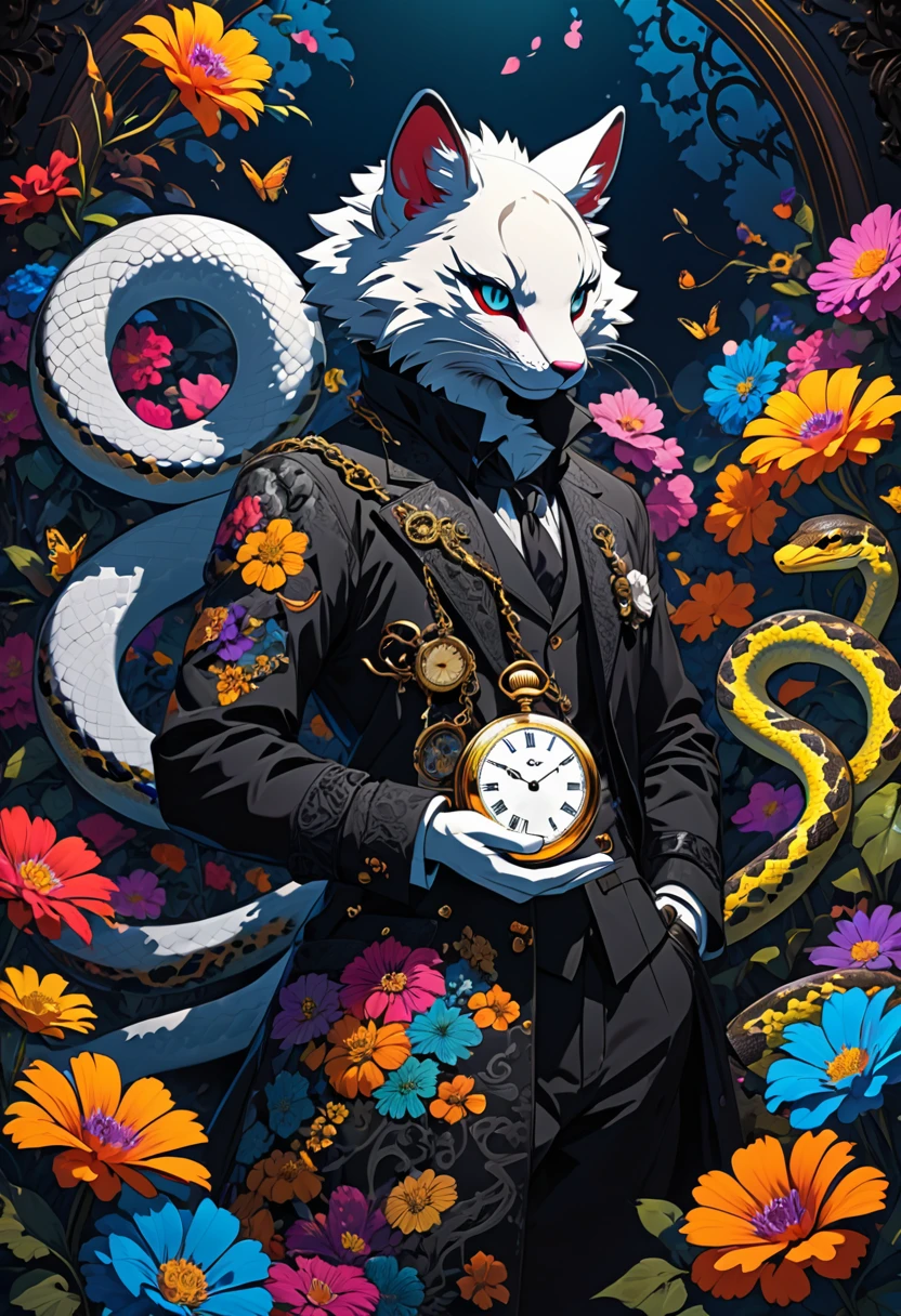 e621(best quality, high resolution, ultra-detailed)silhouett(kemono, furry anthro)holding striking pocket watch, surrounded by flowers, snakes and darkness, illustrative rendering, intricate details, mysterious atmosphere, vibrant colors, dynamic lighting , Gothic style,