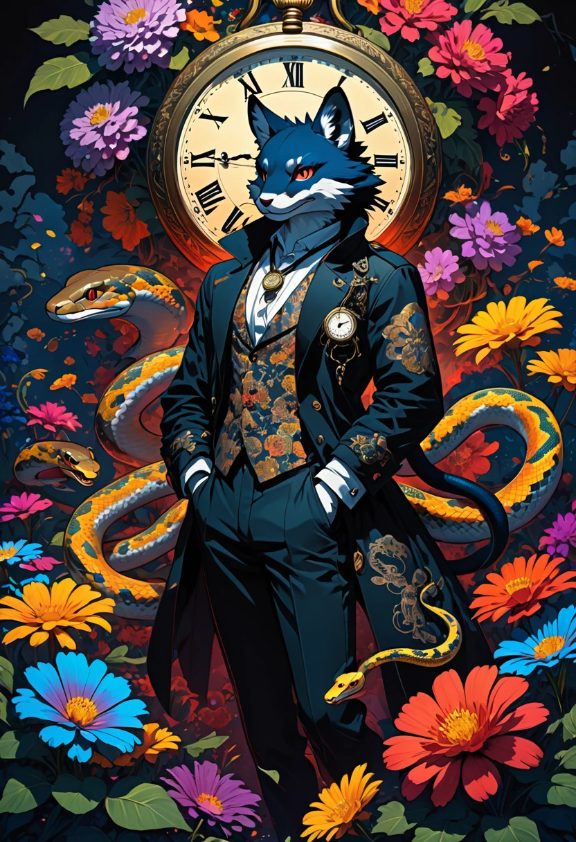 e621(best quality, high resolution, ultra-detailed)silhouett(kemono, furry anthro)holding striking pocket watch, surrounded by flowers, snakes and darkness, illustrative rendering, intricate details, mysterious atmosphere, vibrant colors, dynamic lighting , Gothic style,