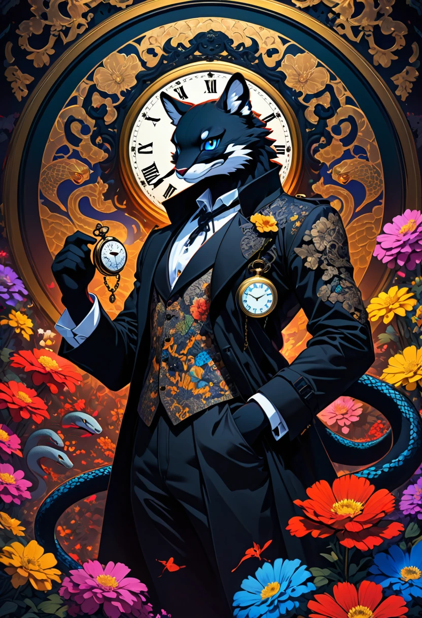 e621(best quality, high resolution, ultra-detailed)silhouett(kemono, furry anthro)holding striking pocket watch, surrounded by flowers, snakes and darkness, illustrative rendering, intricate details, mysterious atmosphere, vibrant colors, dynamic lighting , Gothic style,