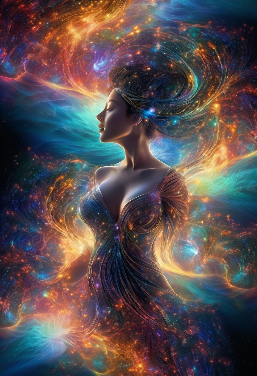 an incredible and spectacular scene of a female figure emerging from a luminous cloud, fractal threads of nebula enveloping her breasts and hips, cosmic entities, celestial, cosmic, vibrating and bright, vortices, swirling, unrealistic, high contrast, symbolism, magical, mystical, mystifying, hyperrealistic, oversaturated, colorful
