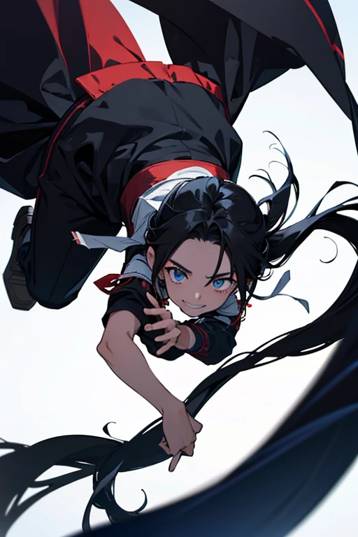 Gaze, Very long hair, Anatomically correct, Very long hair, ponytail, anime, Cowboy Shot, 8years old, boy, High resolution, falling, jumping, black hair, Simple Background, smile, blue eyes, Upside down,