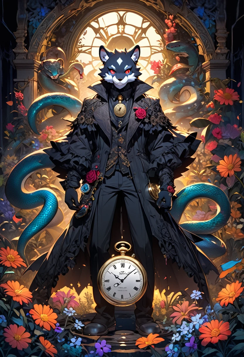 e621(best quality, high resolution, ultra-detailed)silhouett(kemono, furry anthro)holding striking pocket watch, surrounded by flowers, snakes and darkness, illustrative rendering, intricate details, mysterious atmosphere, vibrant colors, dynamic lighting , Gothic style,