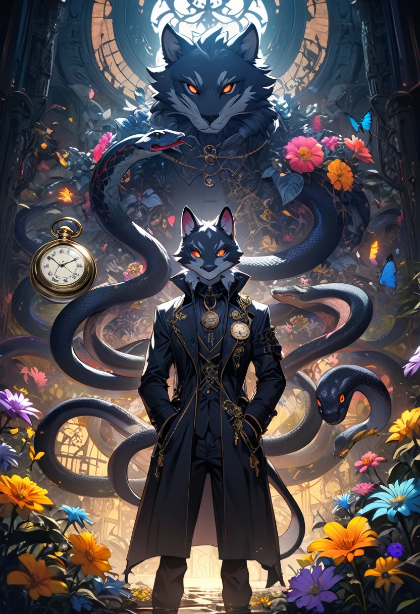e621(best quality, high resolution, ultra-detailed)silhouett(kemono, furry anthro)holding striking pocket watch, surrounded by flowers, snakes and darkness, illustrative rendering, intricate details, mysterious atmosphere, vibrant colors, dynamic lighting , Gothic style,