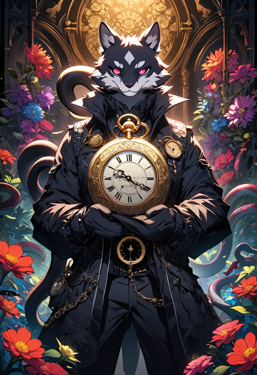 e621(best quality, high resolution, ultra-detailed)silhouett(kemono, furry anthro)holding striking pocket watch, surrounded by flowers, snakes and darkness, illustrative rendering, intricate details, mysterious atmosphere, vibrant colors, dynamic lighting , Gothic style,