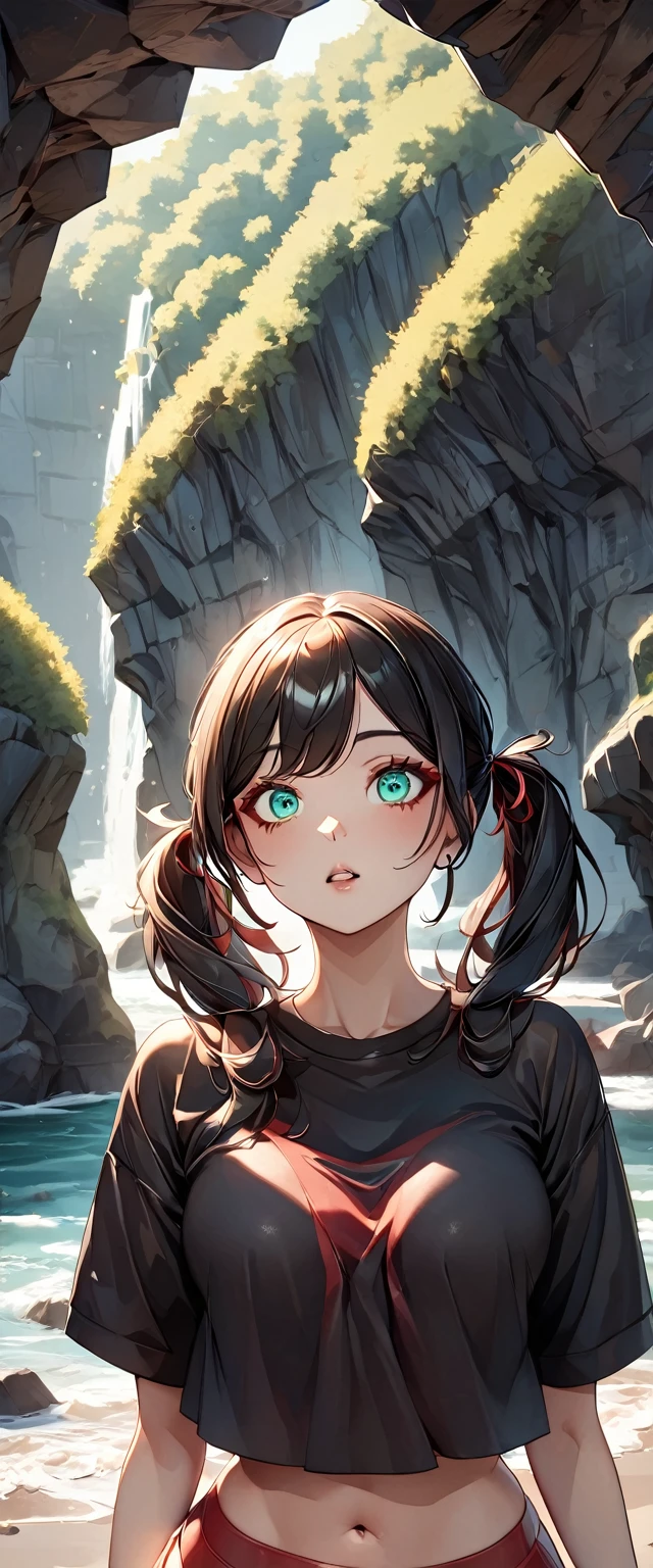 Photo of a girl with natural skin, ((Baby Face)), Grinning, Round face, A girl wearing mainly black and red, Upper Body, Seaside cave, The light is shining in, High Twintails, Black hair with red mesh, Sharp eyes with red eyeshadow, Blue-green eyes, Shining eyes, A thin, upturned nose, Well-shaped lips, ((crop top overhang, Short sleeve, Black clothes, Thighs, Glamour body)), Makeup, Exquisitely crafted with the utmost attention to detail, Vibrant, amazing, Smooth, Cinematic, 4K, Backlight, (()), Shallow depth of field, ((Detailed eyes:1.3, Detailed lips:1.3, high quality, )), masterpiece, Super detailed images, High quality