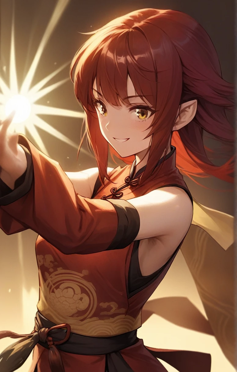 woman, human, dnd, red hair, adventurer, chinese costume, kung fu, elegant, sun light, bust shot, flat chest, happy