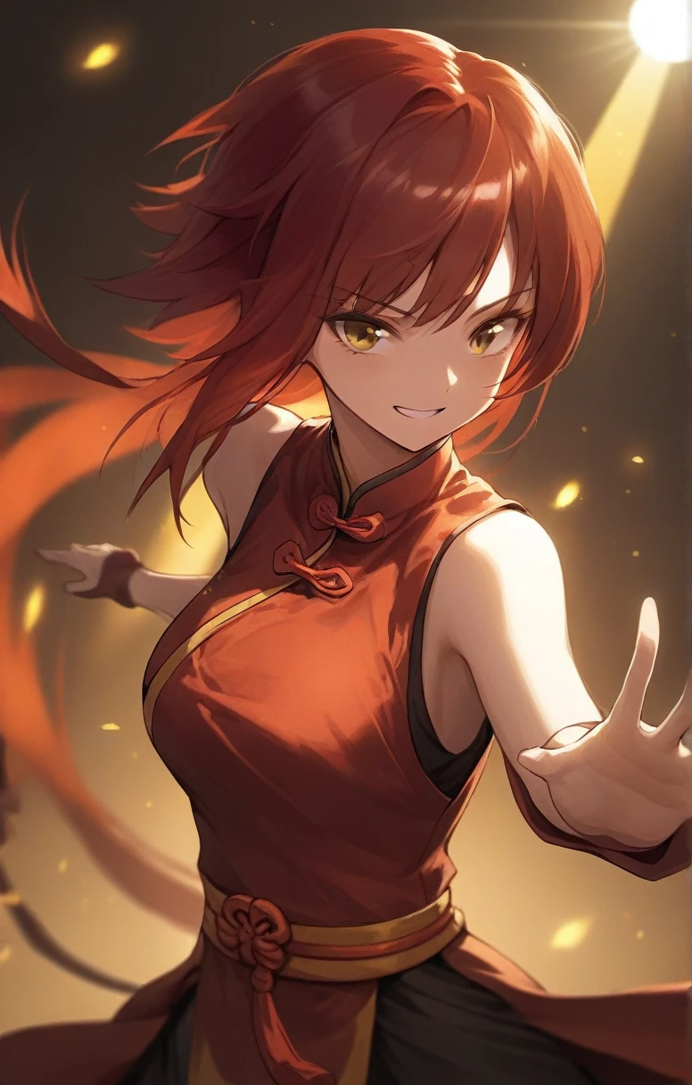 woman, human, dnd, red hair, adventurer, chinese costume, kung fu, elegant, sun light, bust shot, flat chest, happy