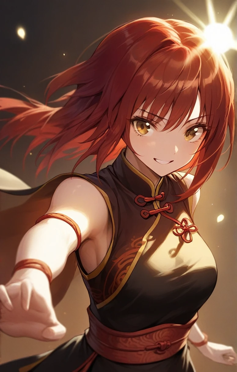 woman, human, dnd, red hair, adventurer, chinese costume, kung fu, elegant, sun light, bust shot, flat chest, happy