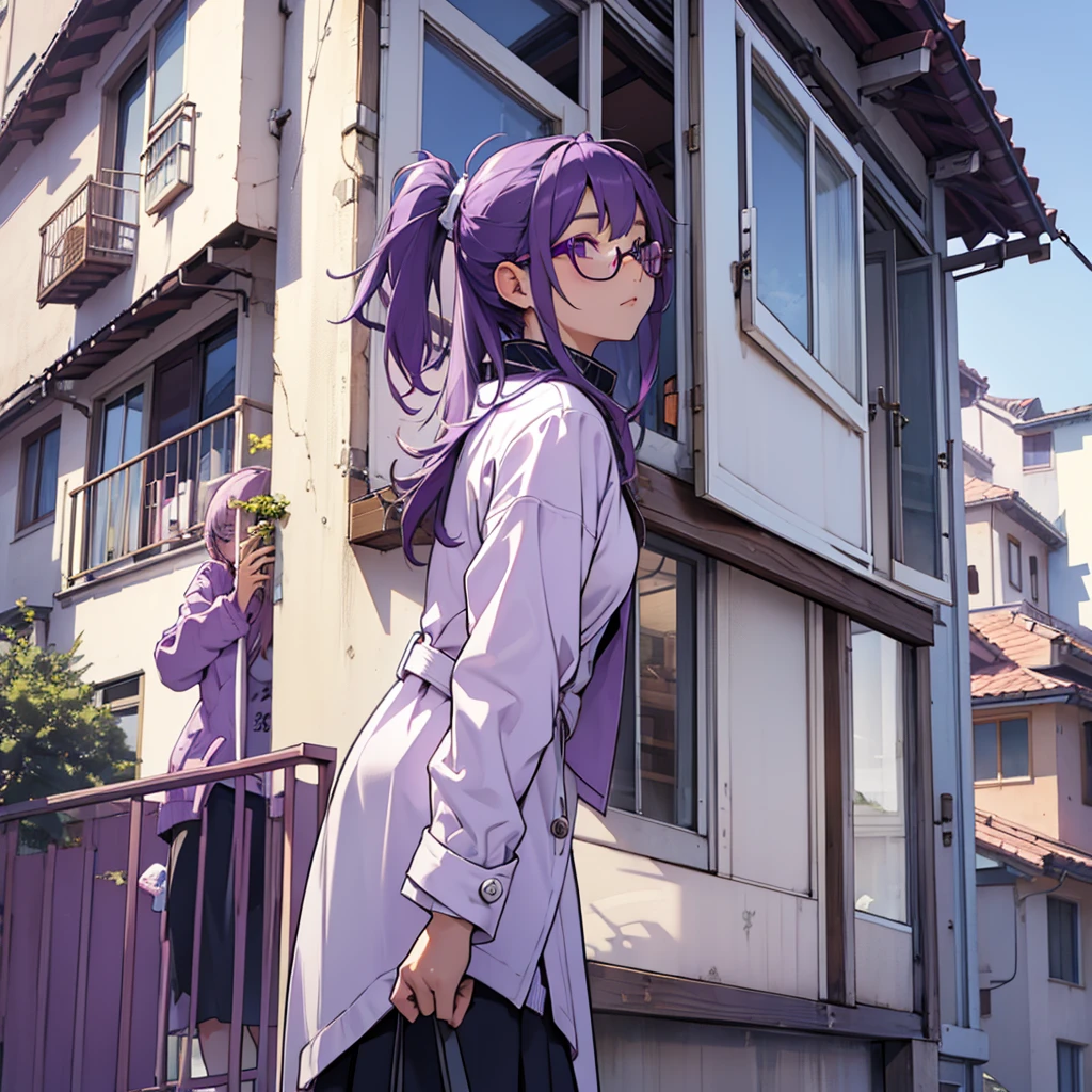 A purple-haired logician woman wearing a white coat, purple shirt and glasses、Create an image of someone hanging out laundry on the balcony。