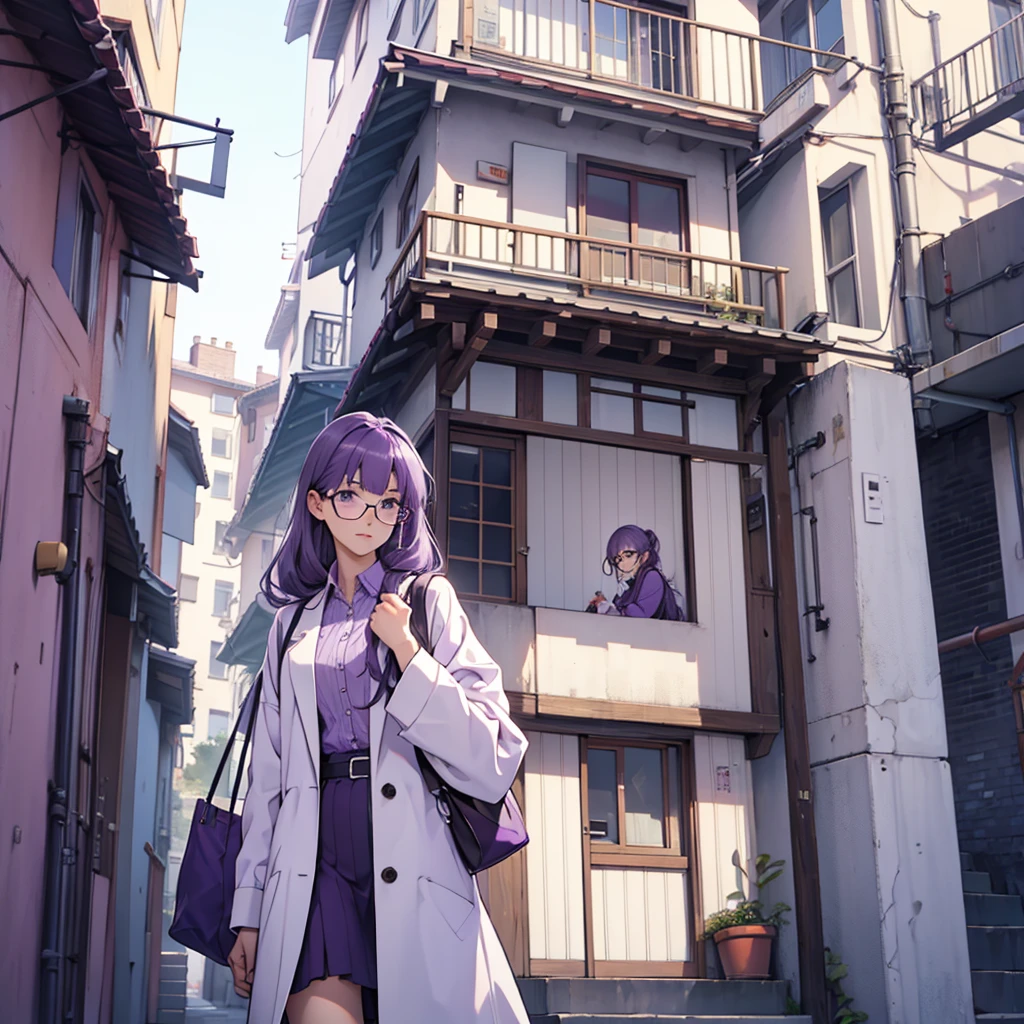 A purple-haired logician woman wearing a white coat, purple shirt and glasses、Create an image of someone hanging out laundry on the balcony。