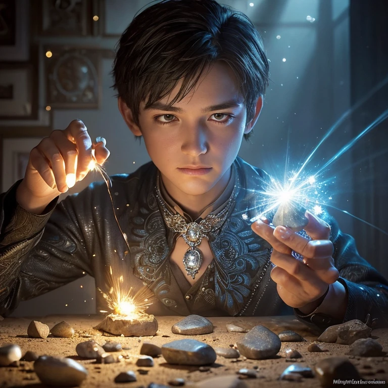 Pixar style illustration、A young man polishes stones into diamonds、nimation, left, silver highlights, crap, close-up, dark fantasy, sparkles, dappled light, intricate, shadows and light, intricate details, hyper detailed, Jean Baptiste Monge , Carne Griffiths, Michael Garmash, Seb Mckinnon
