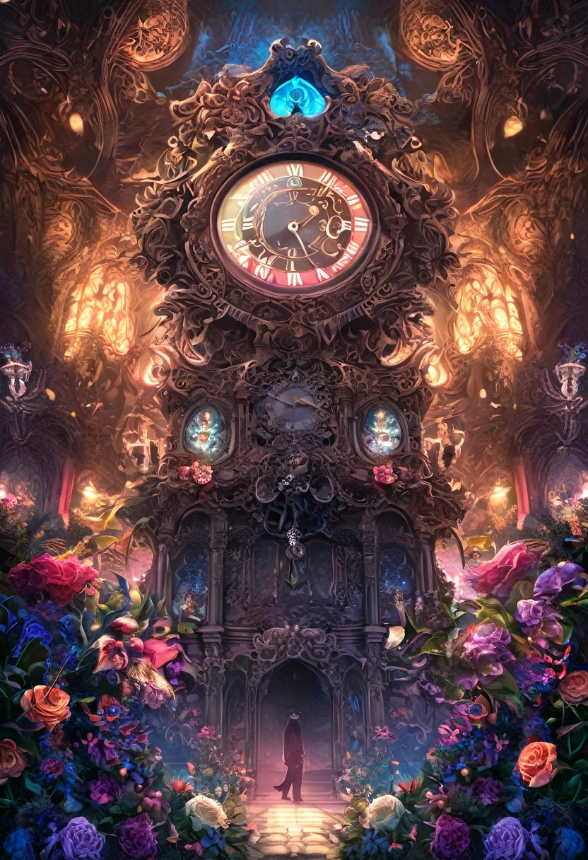 e621(best quality, high resolution, ultra-detailed)silhouett(kemono, furry anthro)holding striking pocket watch, surrounded by flowers, snakes and darkness, illustrative rendering, intricate details, mysterious atmosphere, vibrant colors, dynamic lighting , Gothic style,