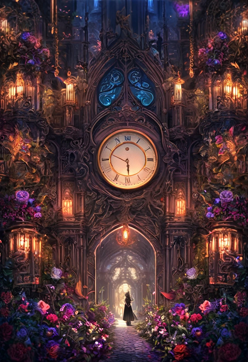 e621(best quality, high resolution, ultra-detailed)silhouett(kemono, furry anthro)holding striking pocket watch, surrounded by flowers, snakes and darkness, illustrative rendering, intricate details, mysterious atmosphere, vibrant colors, dynamic lighting , Gothic style,