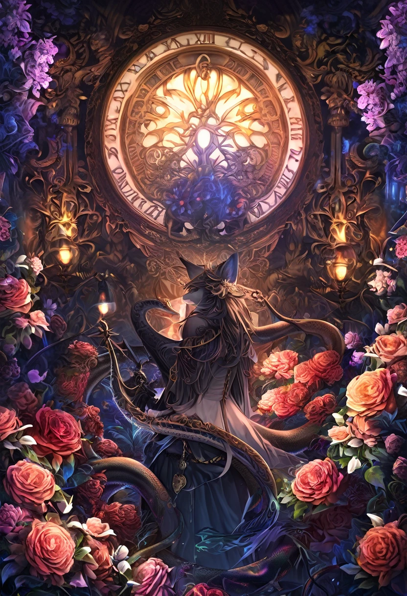 e621(best quality, high resolution, ultra-detailed)silhouett(kemono, furry anthro)holding striking pocket watch, surrounded by flowers, snakes and darkness, illustrative rendering, intricate details, mysterious atmosphere, vibrant colors, dynamic lighting , Gothic style,