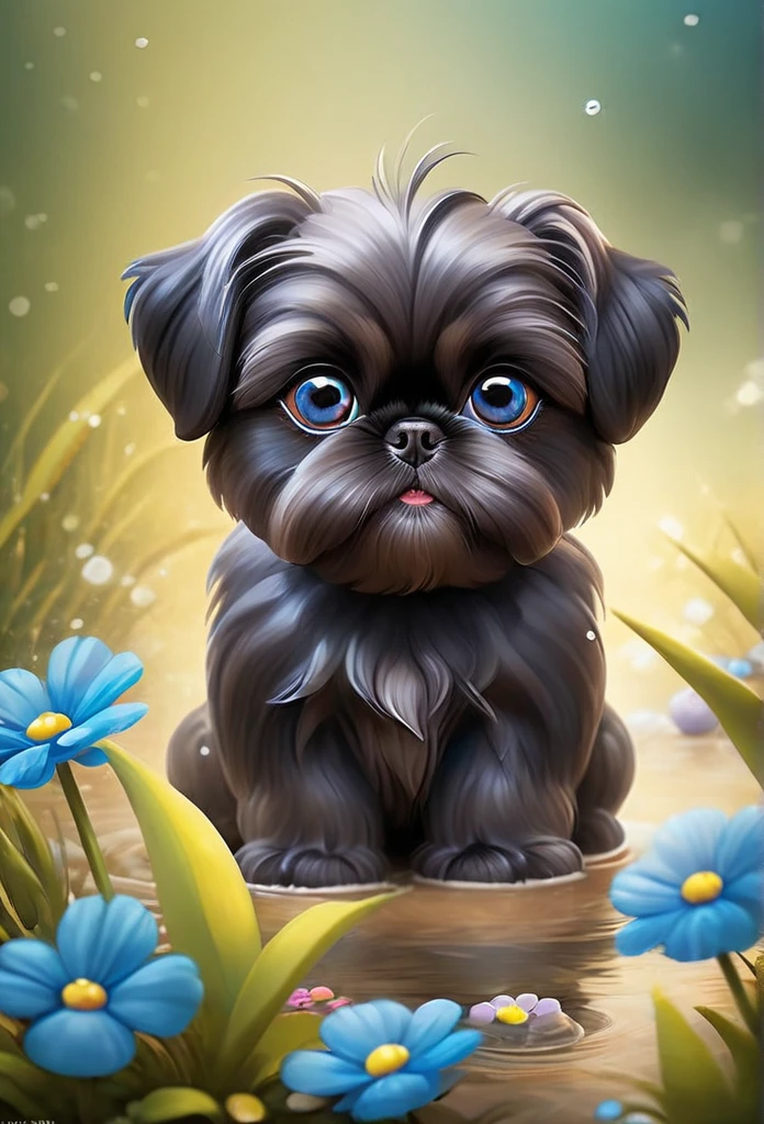 a 2 adorable very small very black Shih Tzu puppies with big bright blue eyes,extremely detailed eyes and face,longeyelashes,wearing blue collars and sunglasses,playing in creek,butterflies and flowers in background,3D Pixar style,photorealistic,masterpiece,vibrant colors,studio lighting,ultra-detailed,sharp focus,physically-based rendering,professional