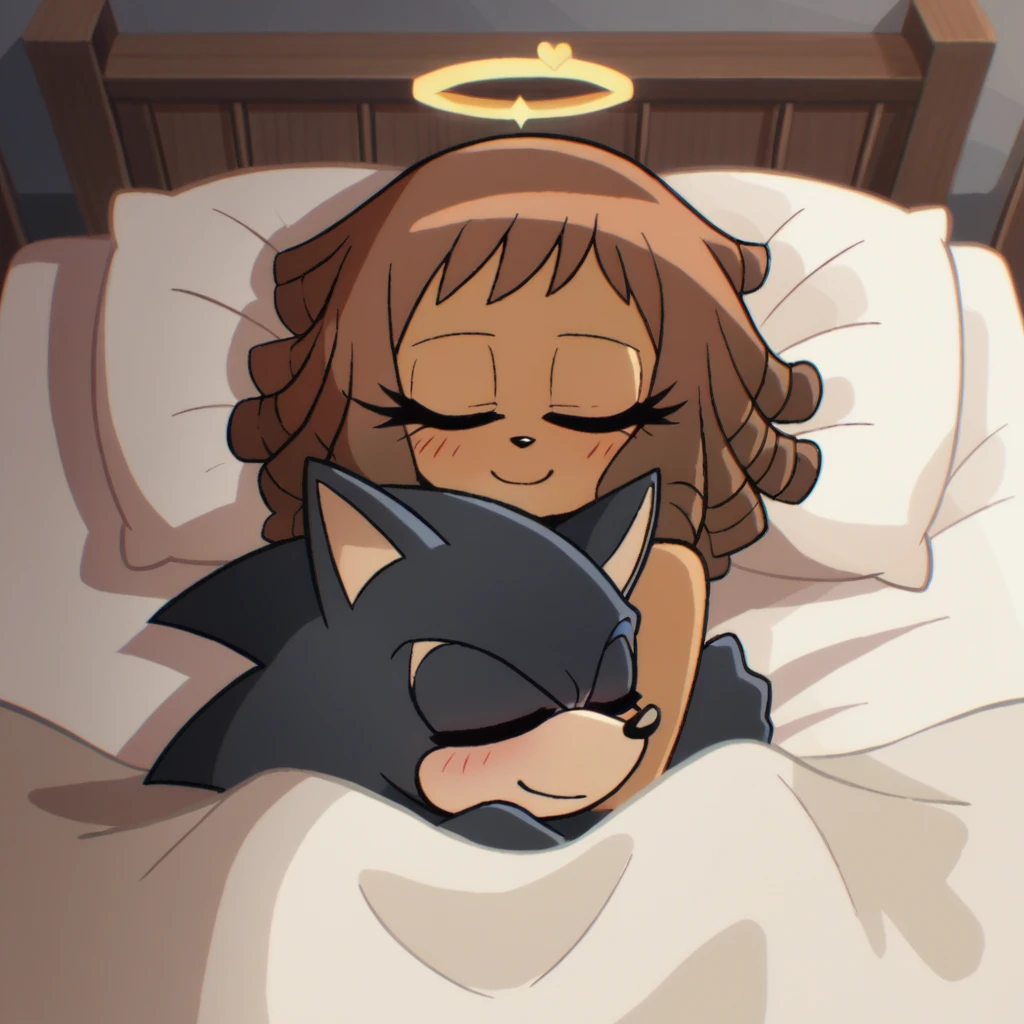 score_9, score_8_up, mobian, female,  hedgehog, two-tone fur ((orange fur, brown fur)), pyjamas, two-tone hair (brown hair, black tip)), curly hair, halo, red eyes, longeyelashes, red eyes, smile, shy, blush, laying in bed, sleeping, hearts, under blankets, smile, mouth closed, closed eyes,  female/male, mobian, anthro wolf, wolf tail, (((black body fur)))+++, (dreadlocks), wearing pyjamas, brown eyes, cute, closed eyes,  laying in bed,  hearts