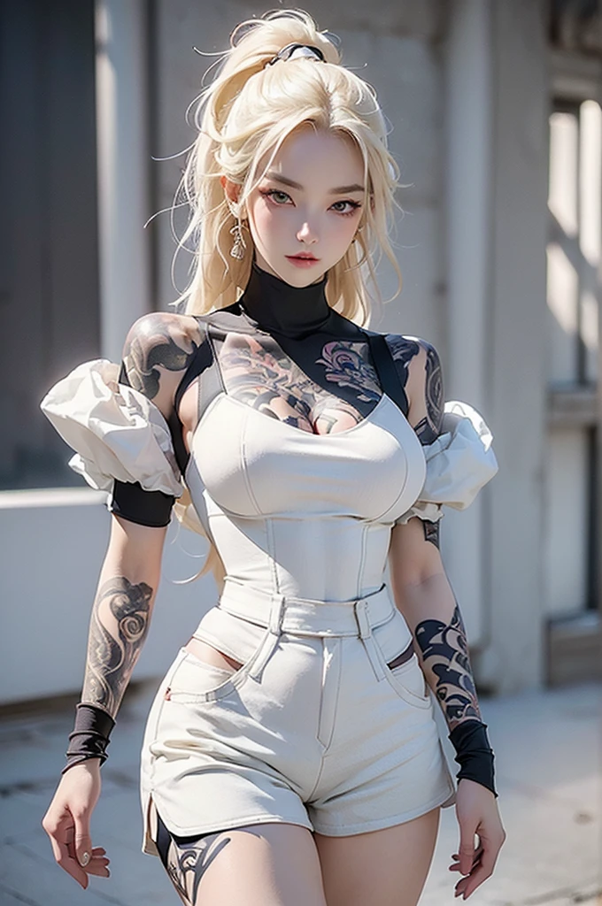wonderful, masterpiece, white hair, Golden Eyes, White clothes, look up, Upper Body, hair, White skin, Side braids, Dragon Girl, (beautiful, pure beauty), (Premium lighting, In sharp contrast, Strong Deep Shadow), (Perfect, Details in order), (Feminization, fantasy illustrations, Epic beauty, Overhead lens, Beautiful character art) (((He has many tattoos all over his body)), Streetwear, (((Tight shorts))), Blonde, (((Tight waist))), ((Large Breasts)),(transparent)