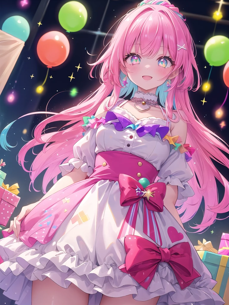 ((8k, best quality, master piece: 1.3)),super high resolution,(1 girl, solo), (colorshift eyes, hyperdetailed, expressive sparkling, glitter, glowing eyes), ultra detailed eyes, ultra-detailed face, random hair, ((pastel color)), Please draw a 15-year-old girl enjoying a birthday party. The girl is wearing a colorful dress and has a happy expression as she stands in front of a cake and presents. There are balloons and party decorations in the background, creating a bright and festive atmosphere. Please use a camera angle that includes the cake, presents, and girl. The colors used are the colorful decorations of the party and the cake decorations.